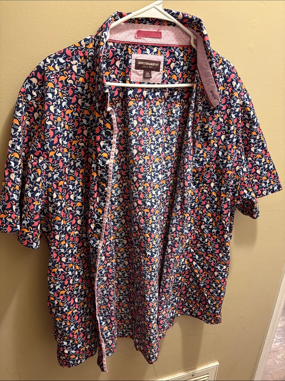 Johnston & Murphy Navy Short Sleeve Shirt with Pink & Orange Flamingo Print